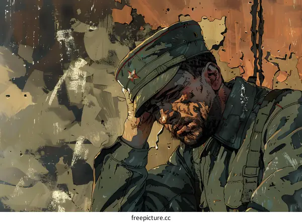 A soldier sits on a pile of rubble in a war-torn city.