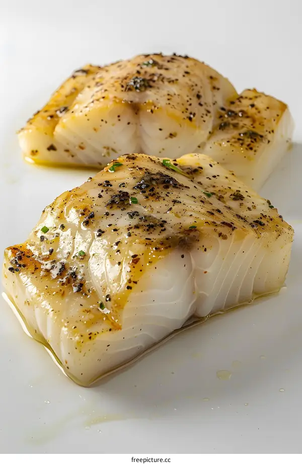 Two Pieces of Roasted Cod on White Background