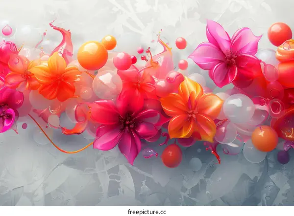 Pink and orange flowers with white and pink bubbles