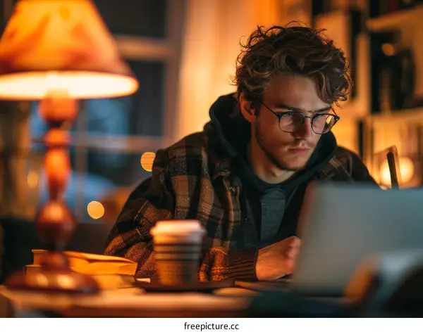 Young male student studying late at night in the library