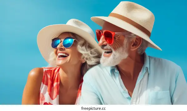 Happy retired couple laughing together in the sun