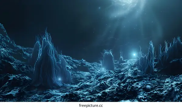 Abstract Blue Landscape With Glowing Lights