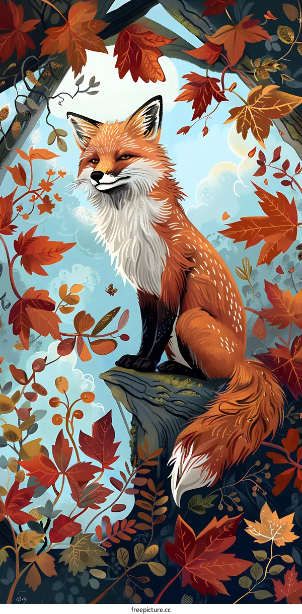 Red Fox Sitting Among Autumn Leaves