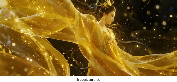Golden Clothed Female Figure Dancing with Sparkling Light Effects