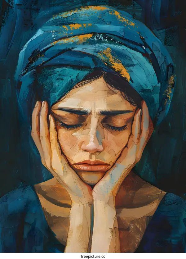 Portrait of a crying woman wearing a blue headscarf