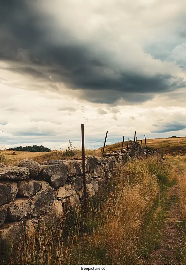 Stone Wall in a Field Under a Cloudy Sky