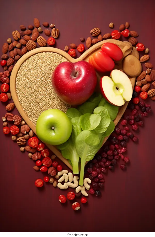 A variety of healthy food arranged in a heart shape