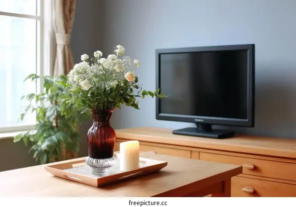 Cozy Living Room Interior with Flowers and TV
