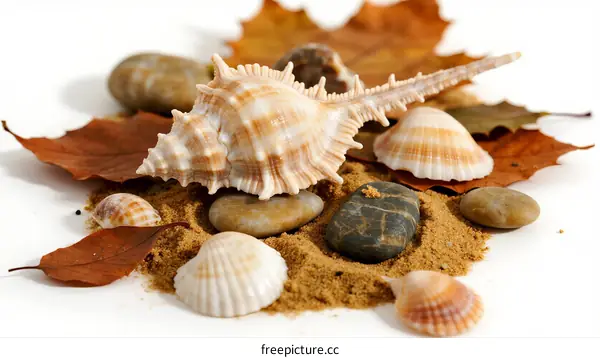 Seashells on sand with autumn leaves and pebbles closeup view