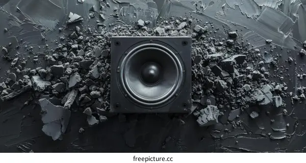 Black speaker on a pile of black rubble