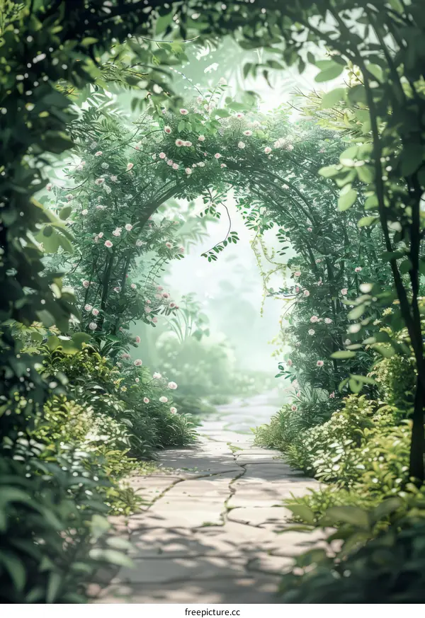 Stone path in a lush green botanical garden