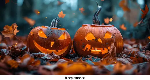 Two Halloween pumpkins glowing in a spooky forest