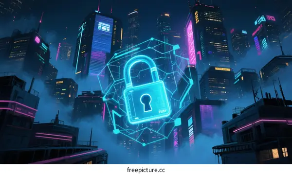 Futuristic Cityscape with Holographic Padlock Security Concept