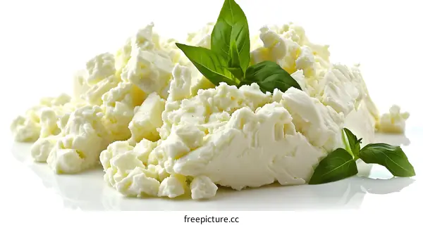 Fresh white cheese with basil leaves