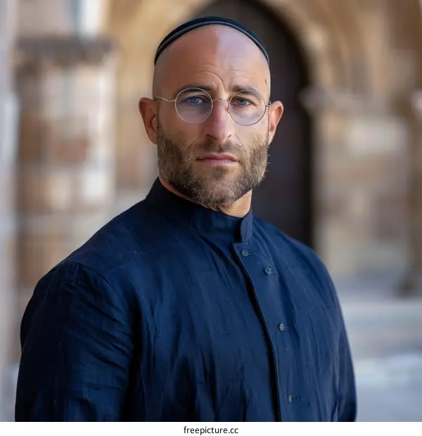 Portrait of a rabbi wearing a black hat and glasses