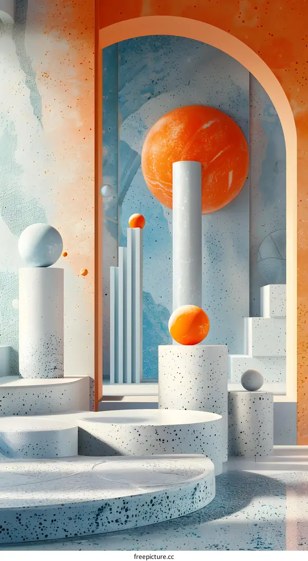 3D rendering of an interior space with geometric shapes and soft colors