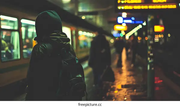 Person With Backpack Waiting at Train Station at Night