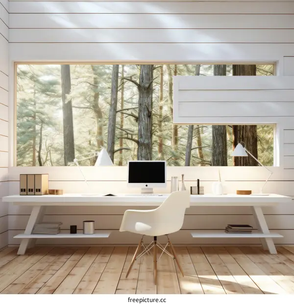 A Modern Home Office With a Window Looking Onto a Forest