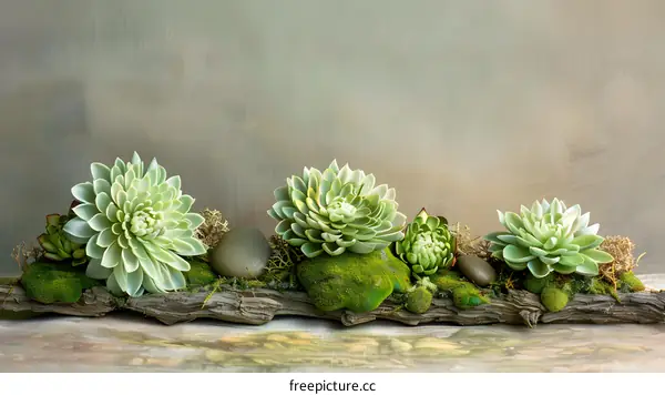 Succulent Plants in a Wooden Planter with Moss