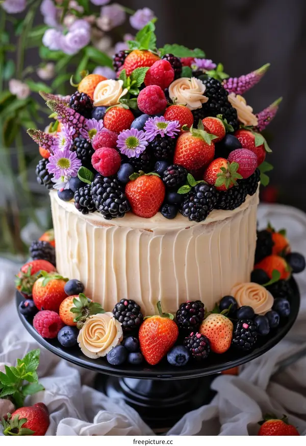 A beautiful cake decorated with fresh berries and flowers