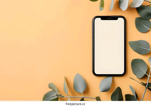 Smartphone Mockup with Leaves on Yellow Background