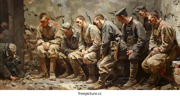 A Group of Soldiers Resting in a Trench During World War I