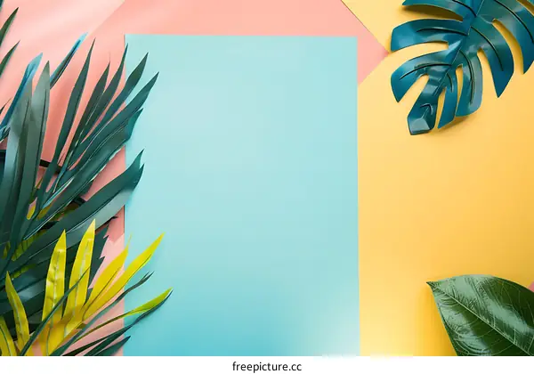Tropical Leaves on Colored Paper Background