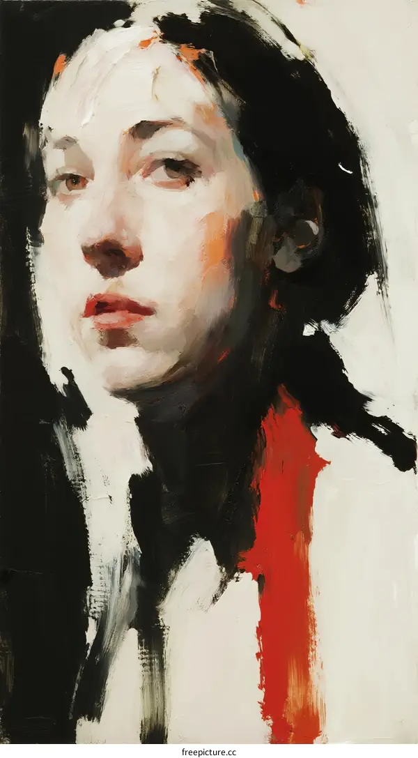 Oil painting portrait of a young woman with dark hair and red accents