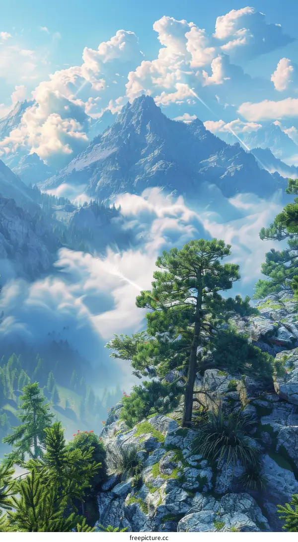 Pine Trees on a Mountaintop with a Sea of Clouds