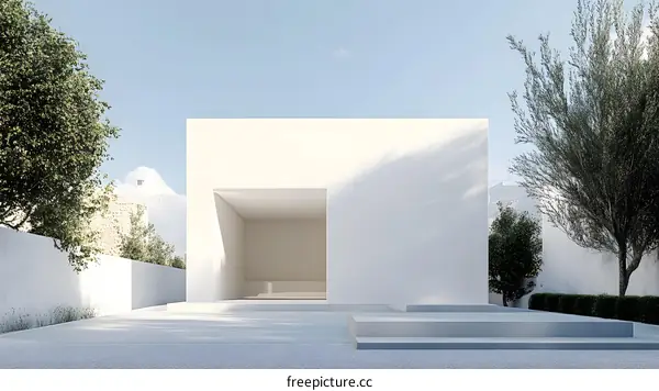Minimalist White House with a Green Tree in the Background