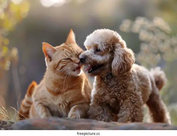 cute cat and dog playing together in the park