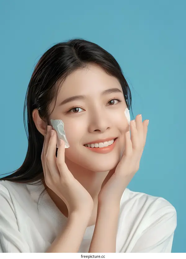 Smiling Woman Applying Face Mask on Blue Background