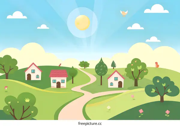 Cartoon Illustration of a Beautiful Sunny Day in a Green Village with Houses and Winding Roads