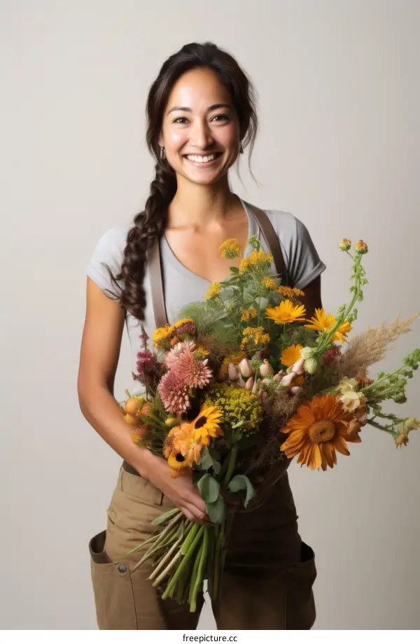 Portrait of a young woman holding a bouquet of flowers