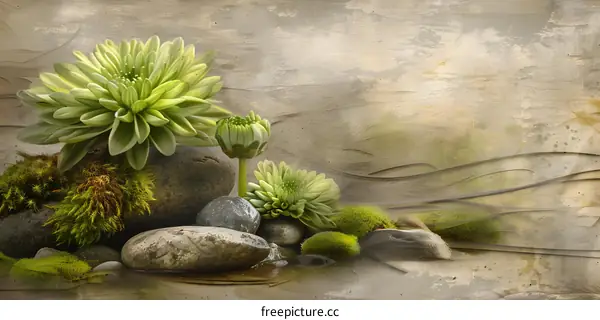 Green Flowers and Stones on a Beige Background
