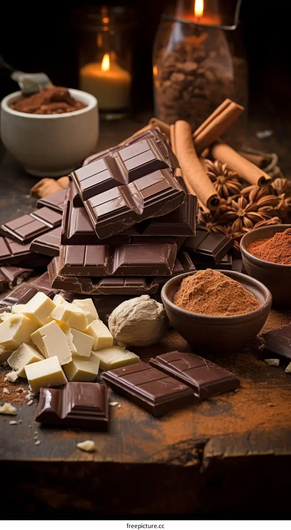 Various types of chocolate bars and cocoa powder with spices