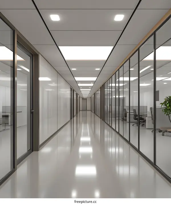 Modern Office Hallway Interior Design with Glass Walls and Bright Lighting