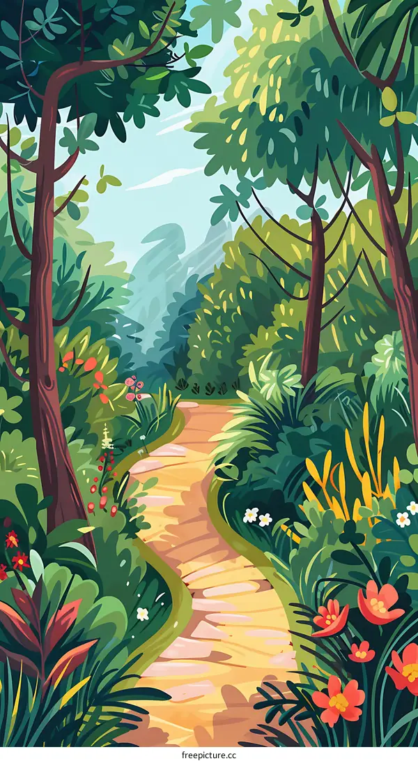 Green Forest Path Illustration with Winding Road