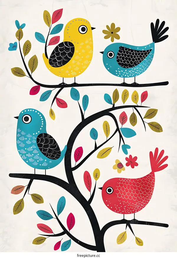 Colorful Birds on Branch Illustration