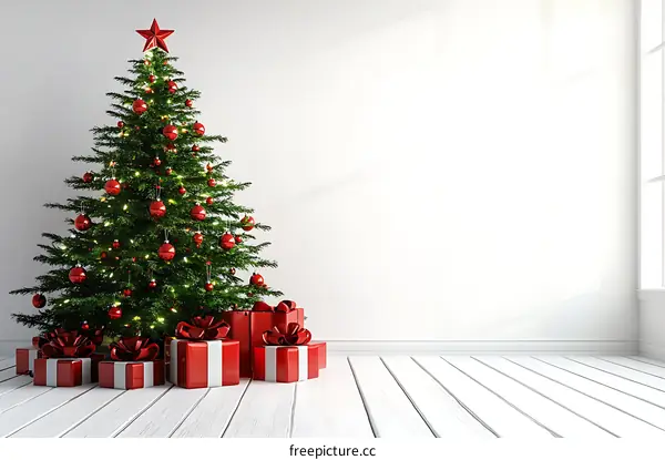 Christmas Tree Decorated with Presents in White Room