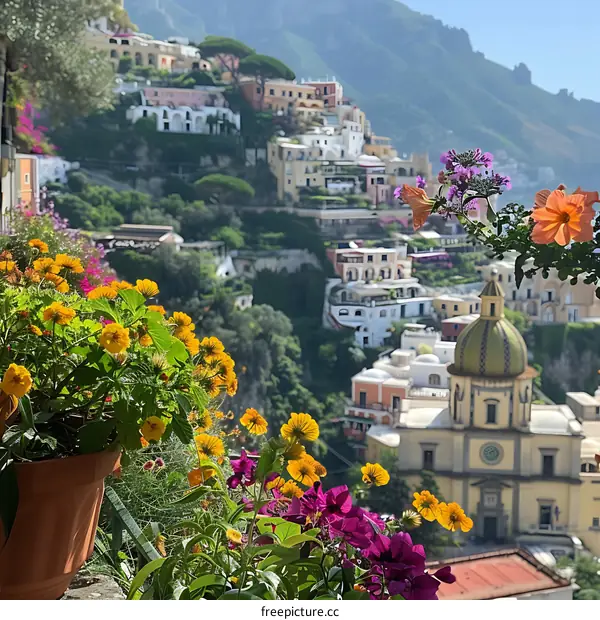 Colorful Flowers Blooming in Front of a Scenic Italian Town