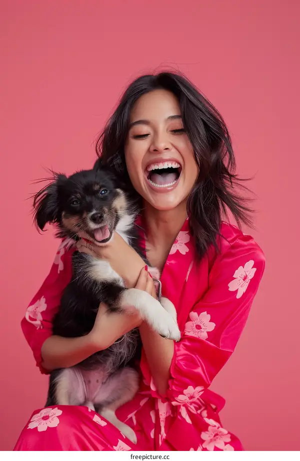 A young woman is holding a small dog and smiling.