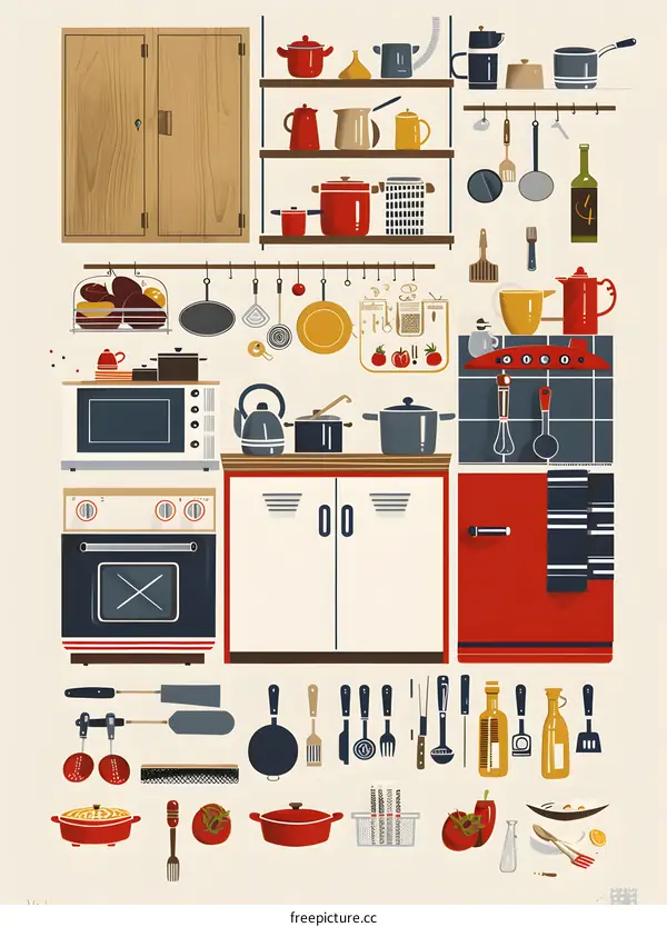 Kitchen Utensil Illustration with Red White and Blue Colors