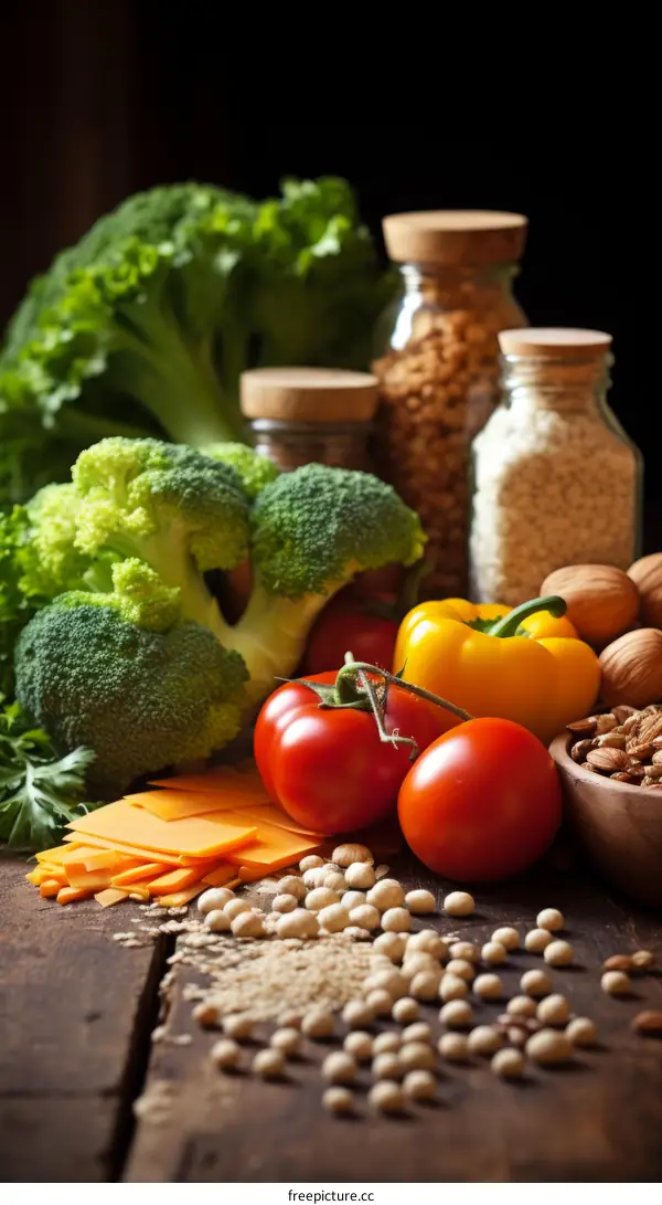 A variety of fresh vegetables and nuts are arranged on a wooden table.