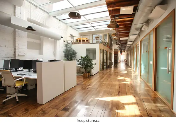 Modern Open-Plan Office Space with Hardwood Flooring