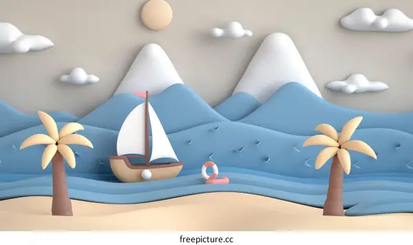 3D illustration of a sailboat on the ocean with palm trees and mountains in the background