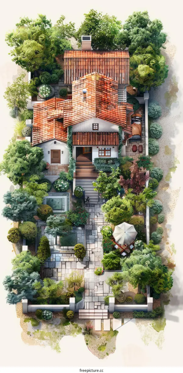 Top View of a Splendid House and Its Garden
