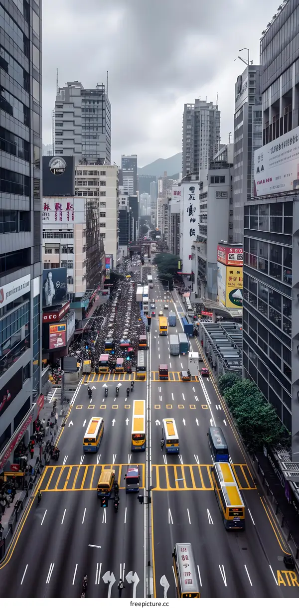 Hong Kong City Street Traffic With People And Buses