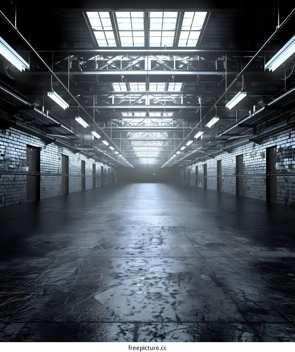 Empty Industrial Corridor with Brick Walls and Metal Beams
