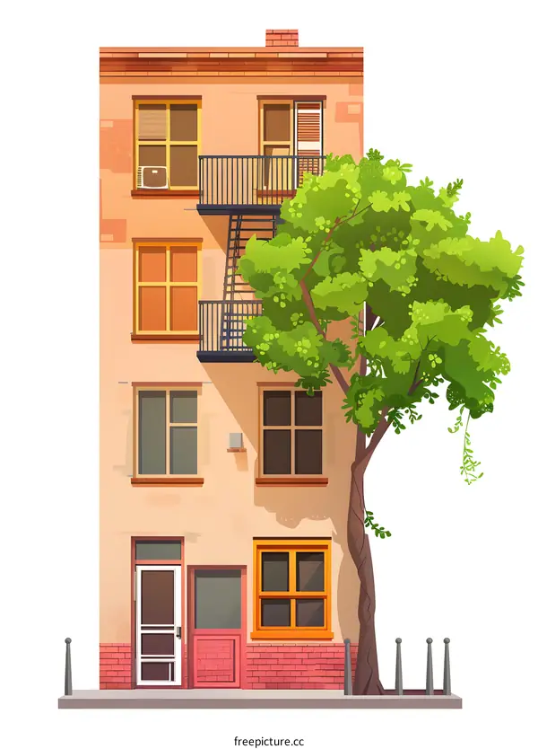 Illustrated Cartoon Building With a Tree
